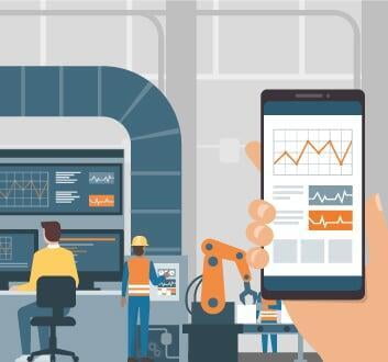 workers at the shop floor working on an assembly line with another analyst monitoring on a large screen and another analyst monitoring from a mobile device