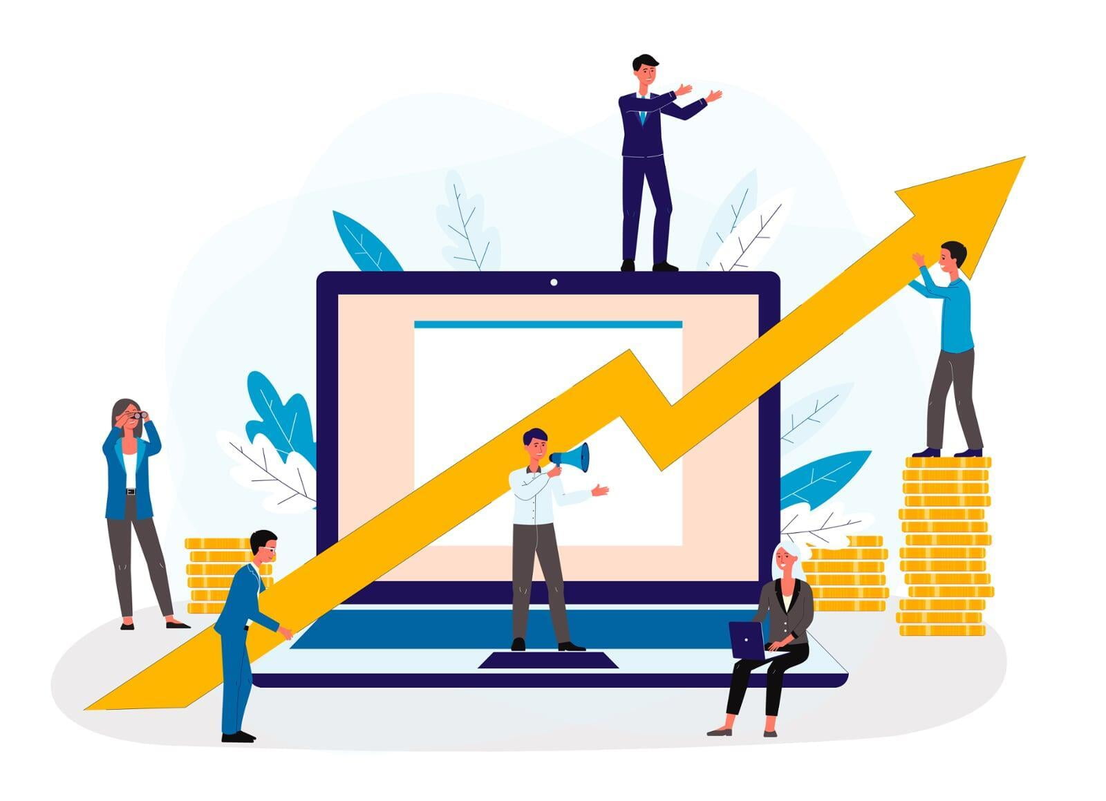 a cluster of finance executives with finance elements and graphs